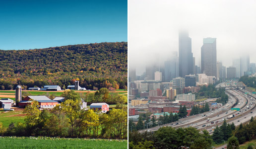 Comparing two photos: one of a rural farm versus another of a busy city.