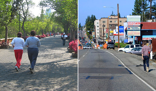Comparing two photos: one of two women walking a planned paveway in safety versus another of a man walking the shoulder of a busy highway.
