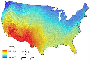 Graphic illustrating the average global solar radiation levels in the United States.