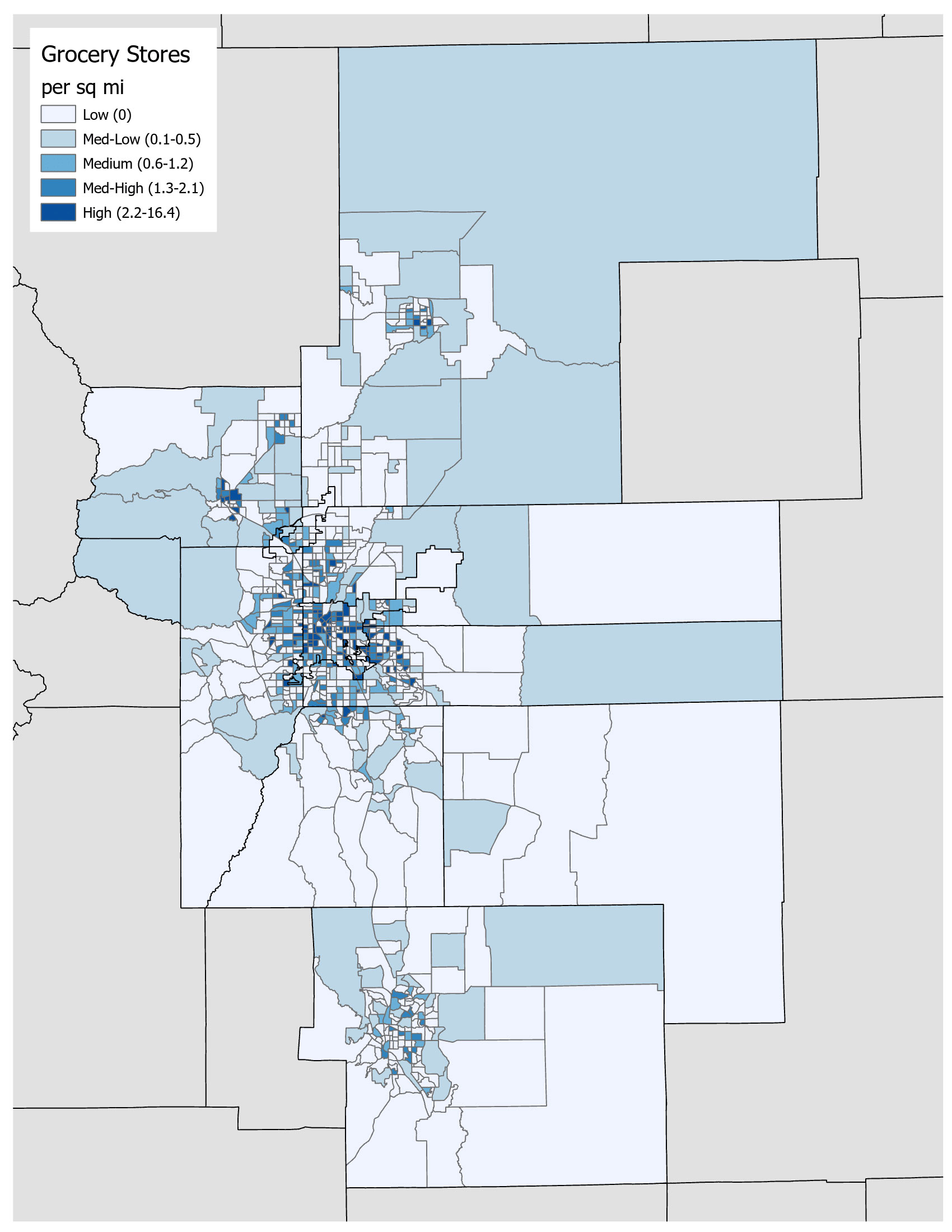 Example of the resulting map by tract for grocery stores and supermarkets